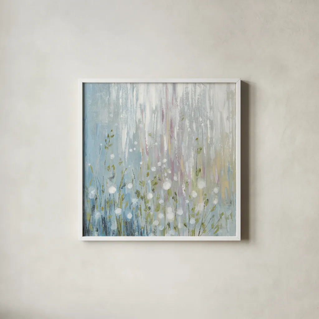 January Branches Blue Green by Silvia Vassileva. Shown in a crisp white glass frame for a clean and minimalist style. Available as an archival giclee rolled canvas, fine art paper, or poster print. SKU 48719a.