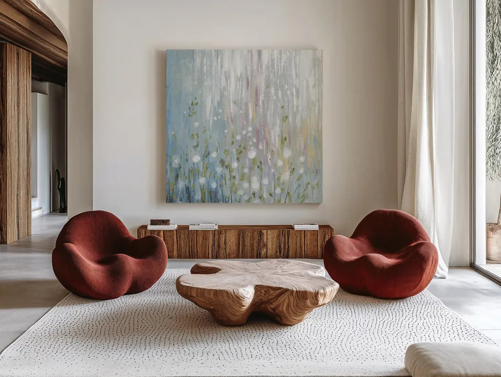 January Branches Blue Green by Silvia Vassileva. Shown as extra-large giant wall art in a modern living room. Available as an archival giclee rolled canvas, fine art paper, or poster print. SKU 48719a.