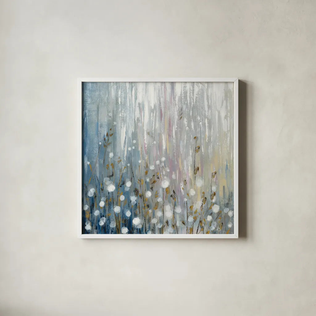 January Branches Flowers by Silvia Vassileva. Shown in a crisp white glass frame for a clean and minimalist style. Available as an archival giclee rolled canvas, fine art paper, or poster print. SKU 47534a.