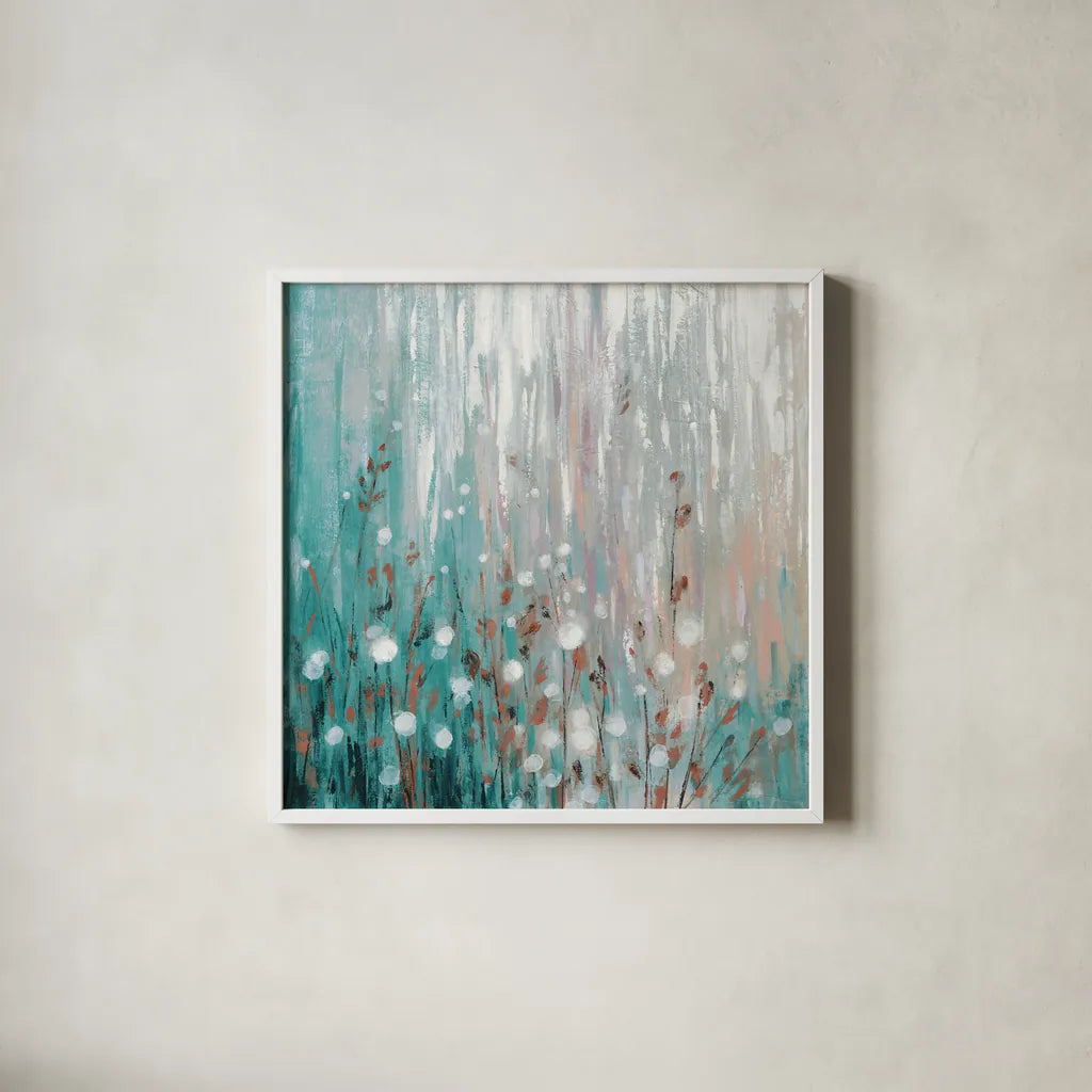 January Branches Green by Silvia Vassileva. Shown in a crisp white glass frame for a clean and minimalist style. Available as an archival giclee rolled canvas, fine art paper, or poster print. SKU 47887a.