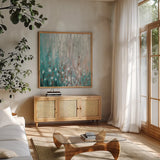 January Branches Green by Silvia Vassileva. Shown in a natural wood frame in a cozy modern living room. Available as an archival giclee rolled canvas, fine art paper, or poster print. SKU 47887a.