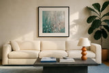 January Branches Green by Silvia Vassileva. Displayed in a glass frame with matte in a clean modern living room. Available as an archival giclee rolled canvas, fine art paper, or poster print. SKU 47887a.
