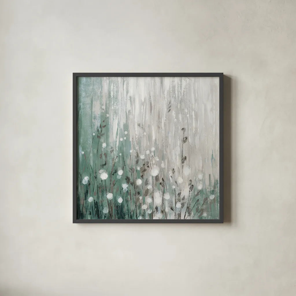 January Branches Green v2 by Silvia Vassileva. Shown in a sleek black glass frame for a contemporary gallery look. Available as an archival giclee rolled canvas, fine art paper, or poster print. SKU 49789a.