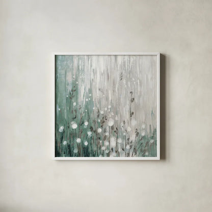 January Branches Green v2 by Silvia Vassileva. Shown in a crisp white glass frame for a clean and minimalist style. Available as an archival giclee rolled canvas, fine art paper, or poster print. SKU 49789a.