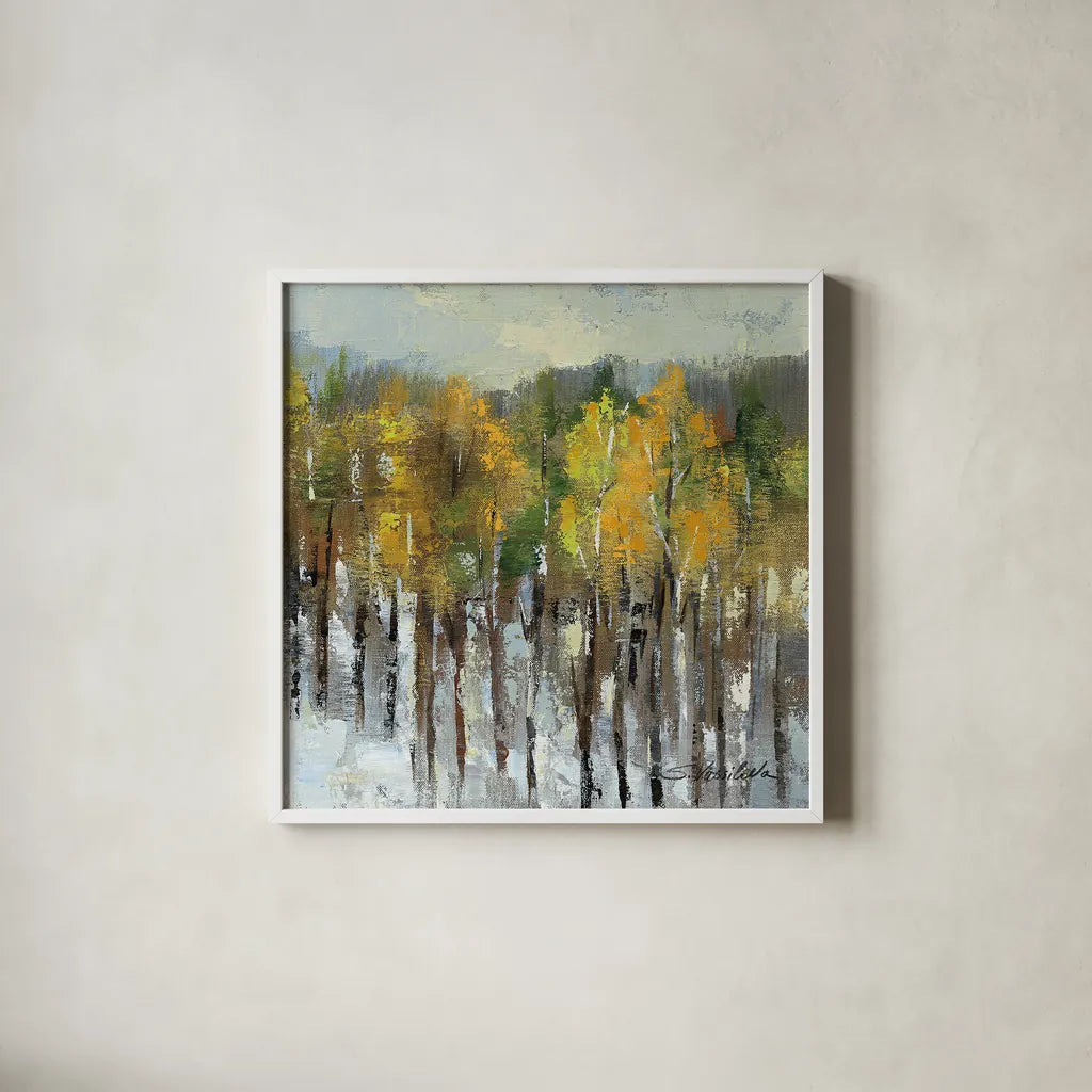 January Landscape by Silvia Vassileva. Shown in a crisp white glass frame for a clean and minimalist style. Available as an archival giclee rolled canvas, fine art paper, or poster print. SKU 23405a.