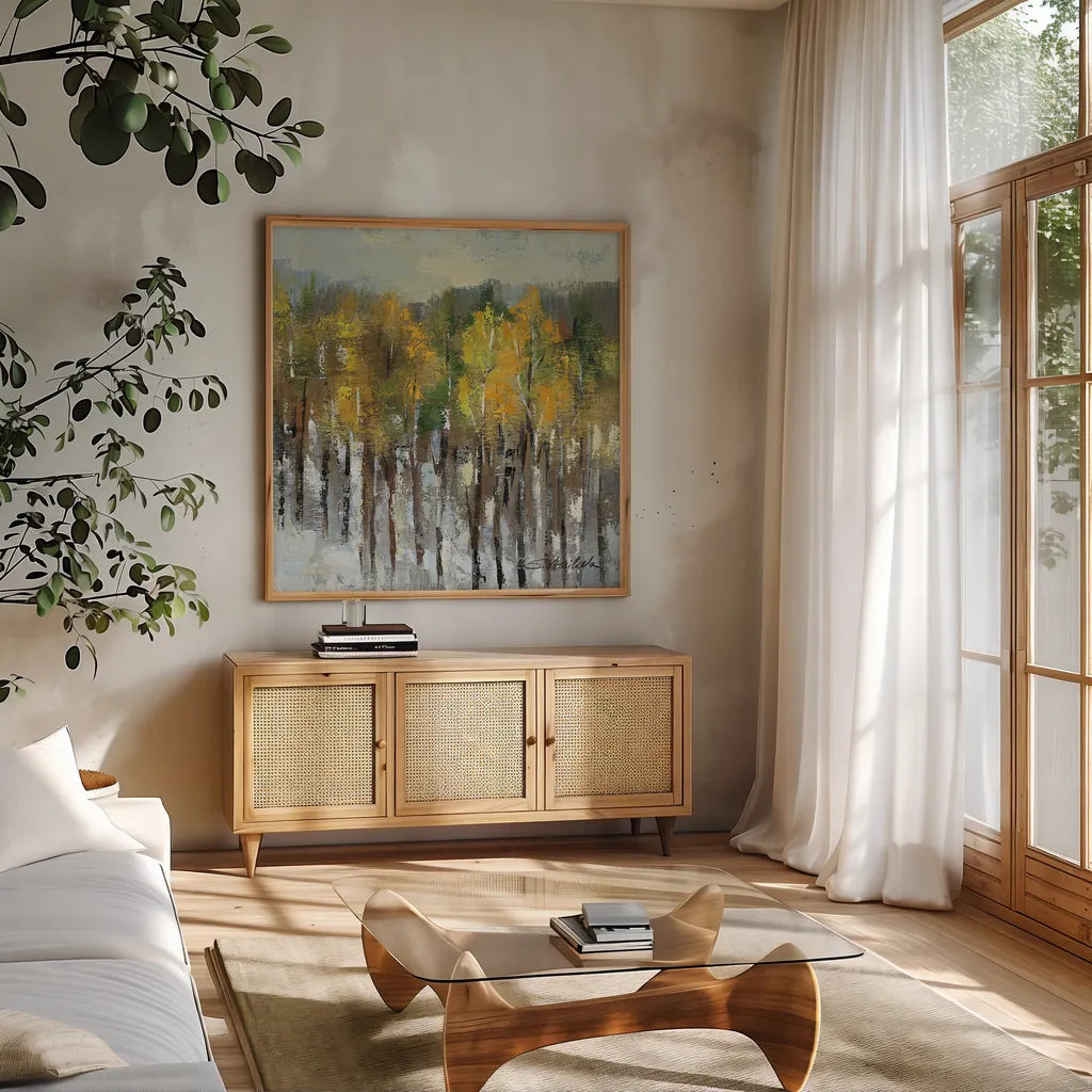 January Landscape by Silvia Vassileva. Shown in a natural wood frame in a cozy modern living room. Available as an archival giclee rolled canvas, fine art paper, or poster print. SKU 23405a.