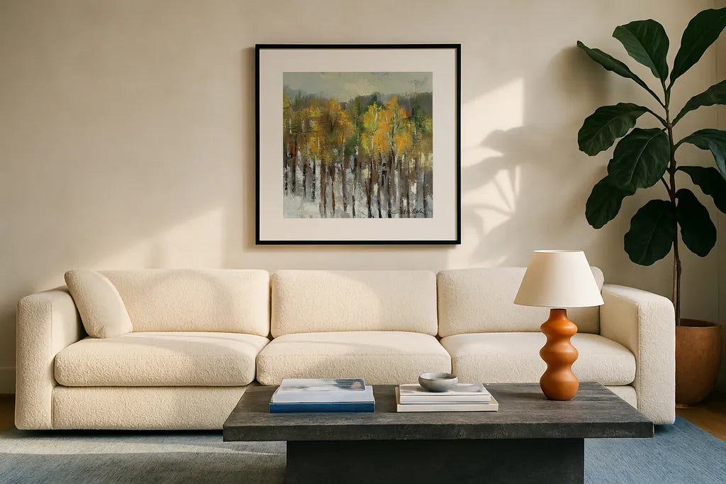 January Landscape by Silvia Vassileva. Displayed in a glass frame with matte in a clean modern living room. Available as an archival giclee rolled canvas, fine art paper, or poster print. SKU 23405a.