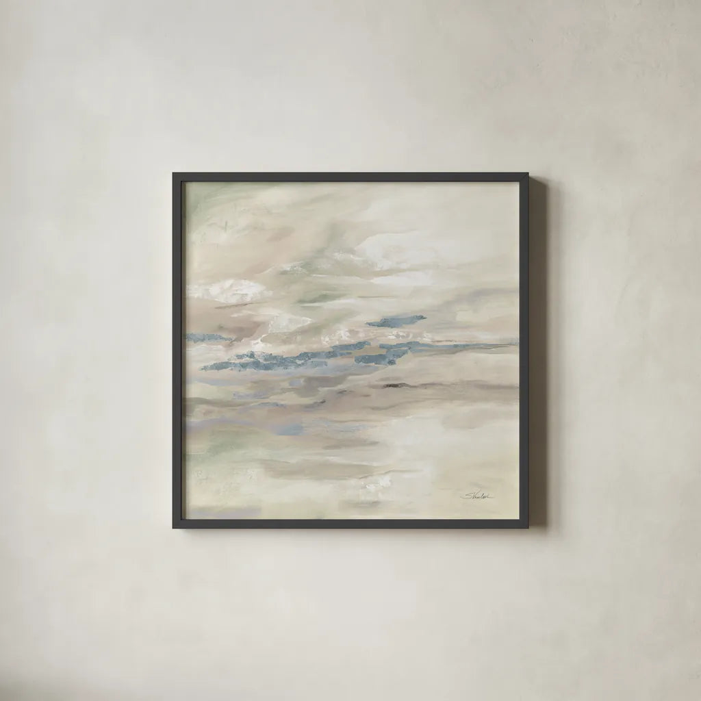 January Slopes Neutral by Silvia Vassileva. Shown in a sleek black glass frame for a contemporary gallery look. Available as an archival giclee rolled canvas, fine art paper, or poster print. SKU 83550a.