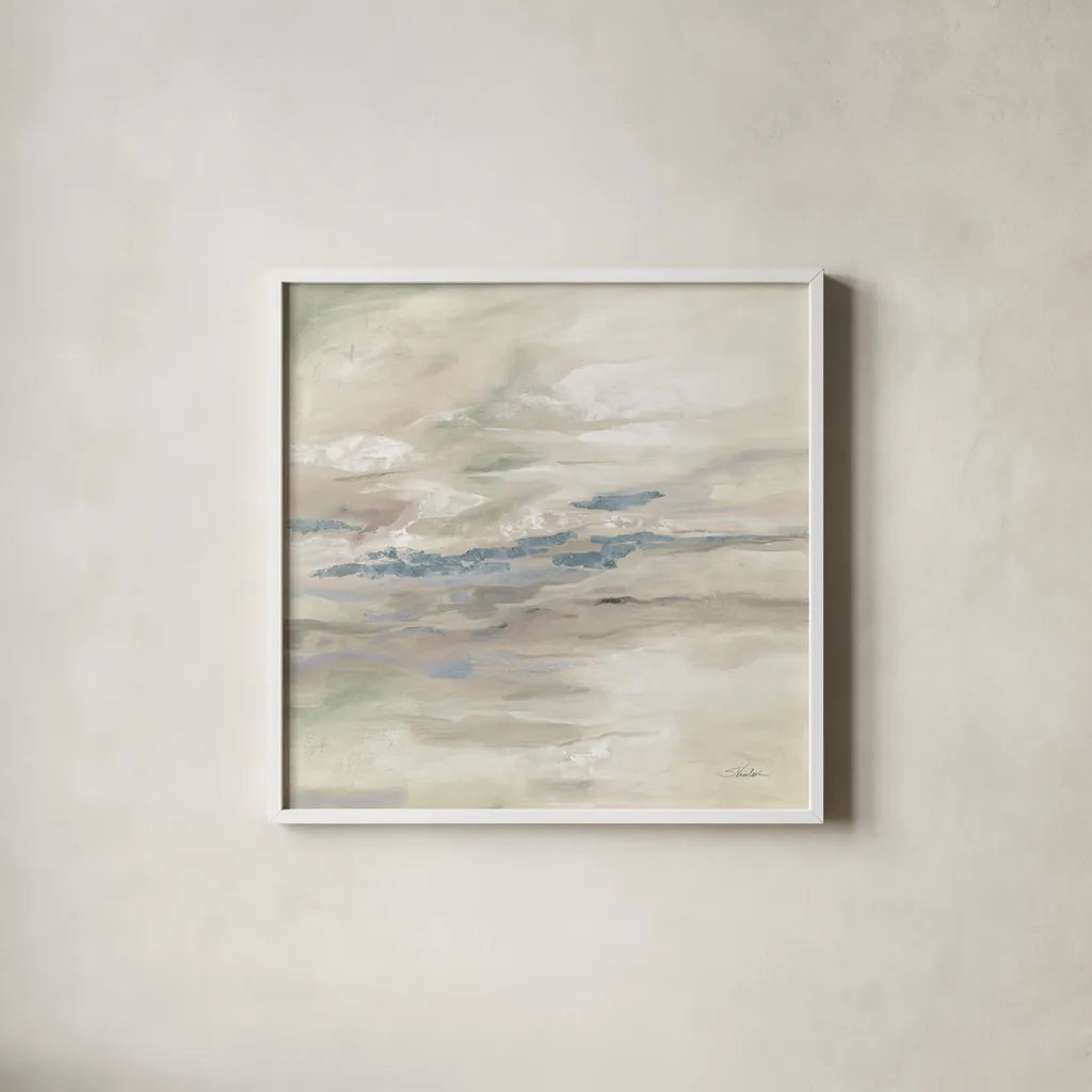 January Slopes Neutral by Silvia Vassileva. Shown in a crisp white glass frame for a clean and minimalist style. Available as an archival giclee rolled canvas, fine art paper, or poster print. SKU 83550a.