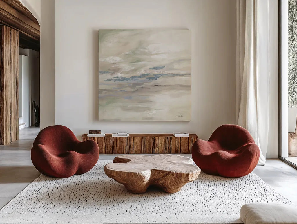 January Slopes Neutral by Silvia Vassileva. Shown as extra-large giant wall art in a modern living room. Available as an archival giclee rolled canvas, fine art paper, or poster print. SKU 83550a.