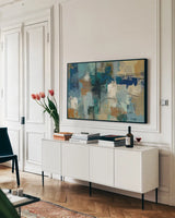 Jasper Lagoon by Silvia Vassileva. shown as a framed stretched canvas in a living room above a console. Available as a archival giclee rolled canvas, fine art paper, or poster print. SKU 12073i.