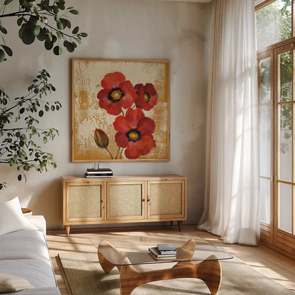 Jewel Flower I by Silvia Vassileva. Shown in a natural wood frame in a cozy modern living room. Available as an archival giclee rolled canvas, fine art paper, or poster print. SKU 61017a.