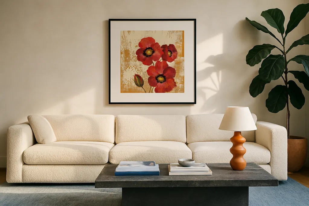 Jewel Flower I by Silvia Vassileva. Displayed in a glass frame with matte in a clean modern living room. Available as an archival giclee rolled canvas, fine art paper, or poster print. SKU 61017a.