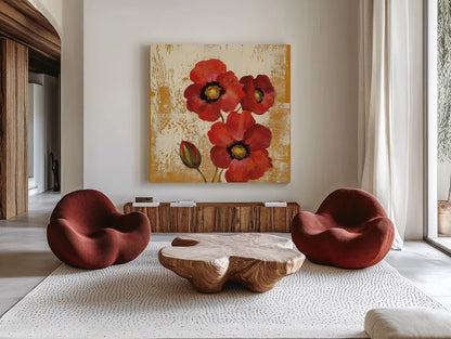 Jewel Flower I by Silvia Vassileva. Shown as extra-large giant wall art in a modern living room. Available as an archival giclee rolled canvas, fine art paper, or poster print. SKU 61017a.