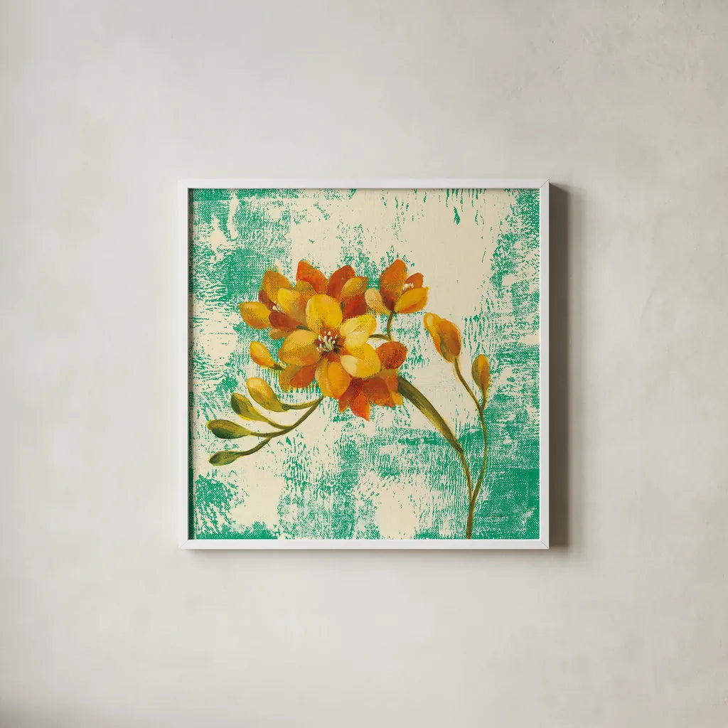 Jewel Flower II by Silvia Vassileva. Shown in a crisp white glass frame for a clean and minimalist style. Available as an archival giclee rolled canvas, fine art paper, or poster print. SKU 59263a.