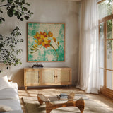 Jewel Flower II by Silvia Vassileva. Shown in a natural wood frame in a cozy modern living room. Available as an archival giclee rolled canvas, fine art paper, or poster print. SKU 59263a.
