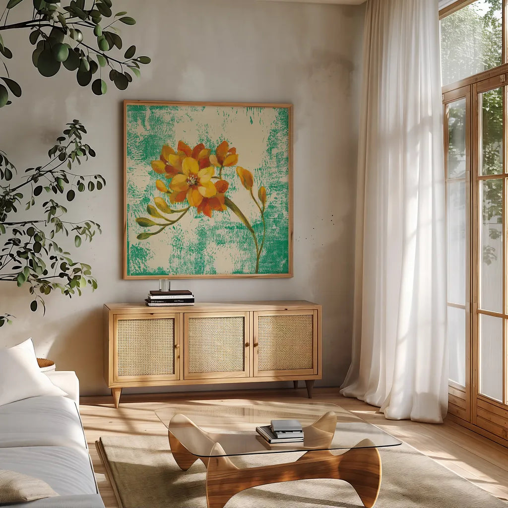 Jewel Flower II by Silvia Vassileva. Shown in a natural wood frame in a cozy modern living room. Available as an archival giclee rolled canvas, fine art paper, or poster print. SKU 59263a.