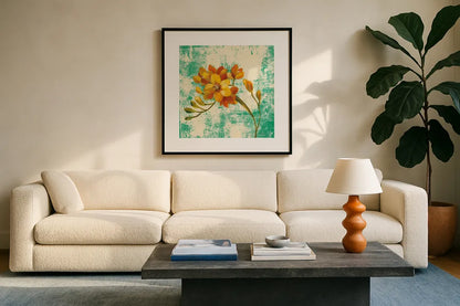 Jewel Flower II by Silvia Vassileva. Displayed in a glass frame with matte in a clean modern living room. Available as an archival giclee rolled canvas, fine art paper, or poster print. SKU 59263a.
