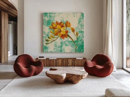 Jewel Flower II by Silvia Vassileva. Shown as extra-large giant wall art in a modern living room. Available as an archival giclee rolled canvas, fine art paper, or poster print. SKU 59263a.