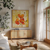 Jewel Flower III by Silvia Vassileva. Shown in a natural wood frame in a cozy modern living room. Available as an archival giclee rolled canvas, fine art paper, or poster print. SKU 61019a.