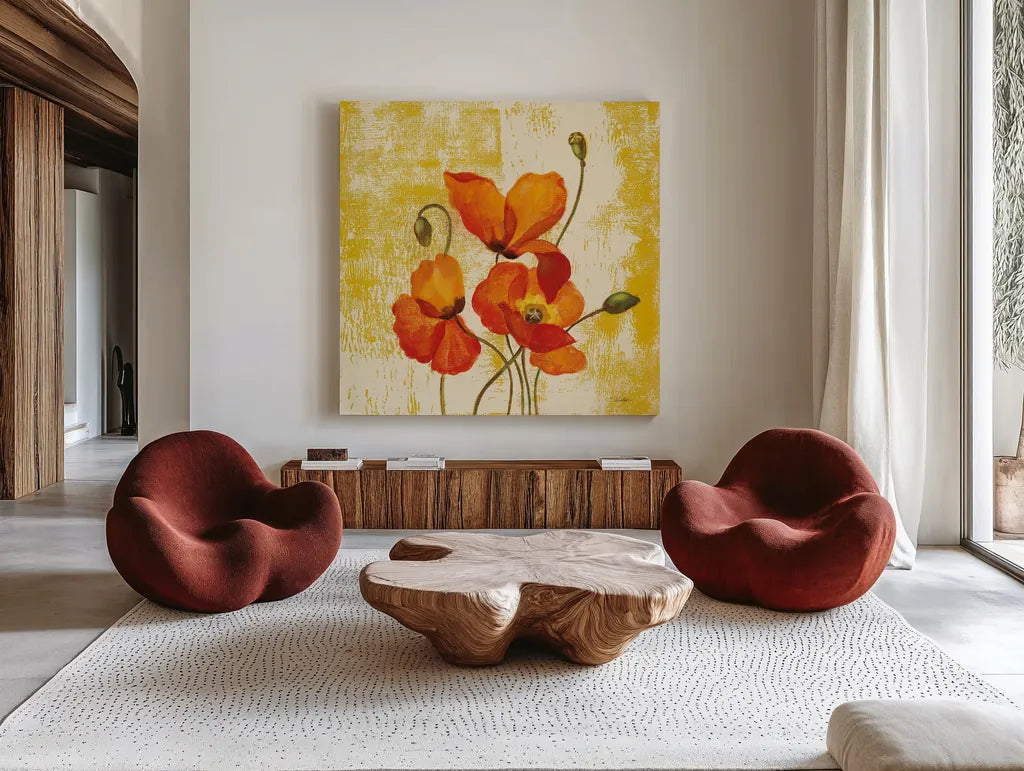 Jewel Flower III by Silvia Vassileva. Shown as extra-large giant wall art in a modern living room. Available as an archival giclee rolled canvas, fine art paper, or poster print. SKU 61019a.