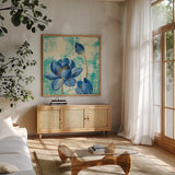 Jewel Flower IV by Silvia Vassileva. Shown in a natural wood frame in a cozy modern living room. Available as an archival giclee rolled canvas, fine art paper, or poster print. SKU 61021a.