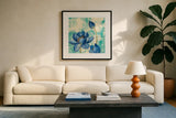 Jewel Flower IV by Silvia Vassileva. Displayed in a glass frame with matte in a clean modern living room. Available as an archival giclee rolled canvas, fine art paper, or poster print. SKU 61021a.