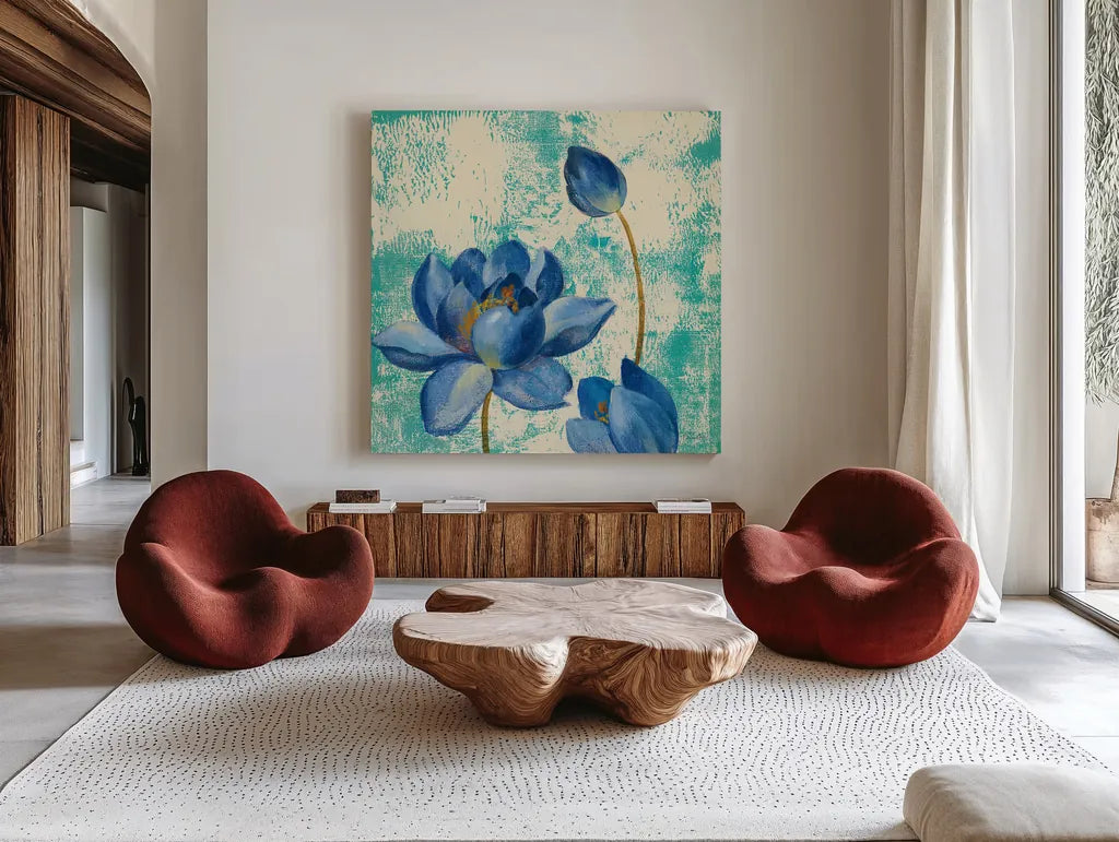 Jewel Flower IV by Silvia Vassileva. Shown as extra-large giant wall art in a modern living room. Available as an archival giclee rolled canvas, fine art paper, or poster print. SKU 61021a.