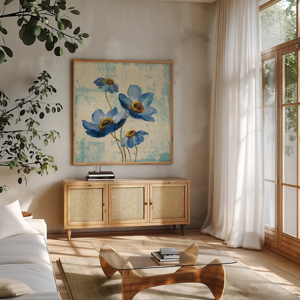 Jewel Flower IX by Silvia Vassileva. Shown in a natural wood frame in a cozy modern living room. Available as an archival giclee rolled canvas, fine art paper, or poster print. SKU 61023a.