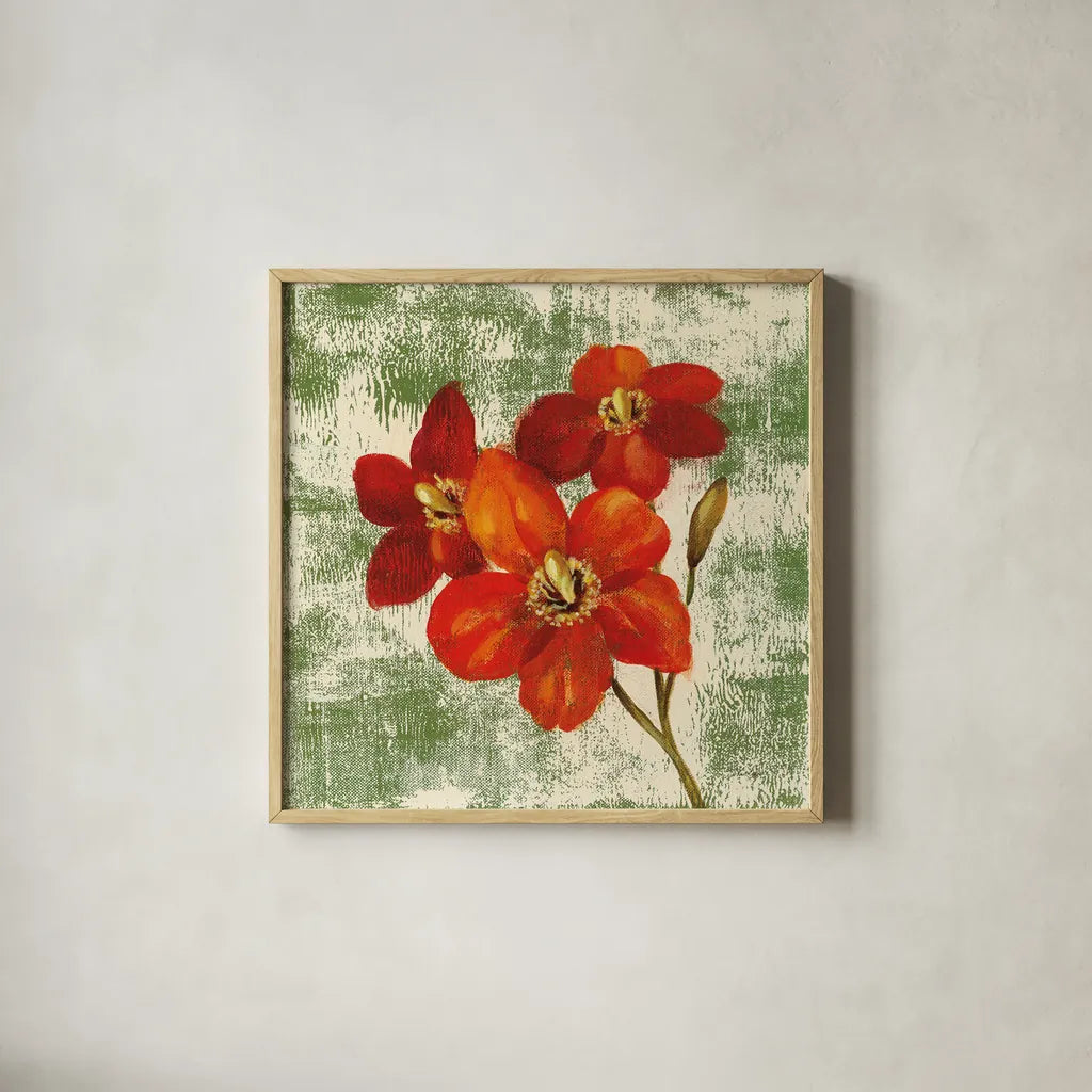Jewel Flower V by Silvia Vassileva. Shown in a natural wood glass frame for a timeless modern aesthetic. Available as an archival giclee rolled canvas, fine art paper, or poster print. SKU 61024a.