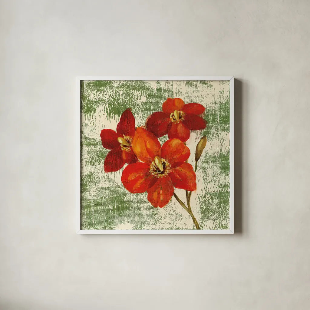 Jewel Flower V by Silvia Vassileva. Shown in a crisp white glass frame for a clean and minimalist style. Available as an archival giclee rolled canvas, fine art paper, or poster print. SKU 61024a.