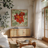 Jewel Flower V by Silvia Vassileva. Shown in a natural wood frame in a cozy modern living room. Available as an archival giclee rolled canvas, fine art paper, or poster print. SKU 61024a.