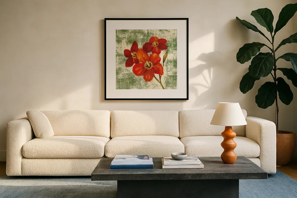 Jewel Flower V by Silvia Vassileva. Displayed in a glass frame with matte in a clean modern living room. Available as an archival giclee rolled canvas, fine art paper, or poster print. SKU 61024a.