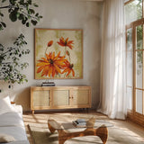 Jewel Flower VI by Silvia Vassileva. Shown in a natural wood frame in a cozy modern living room. Available as an archival giclee rolled canvas, fine art paper, or poster print. SKU 61025a.