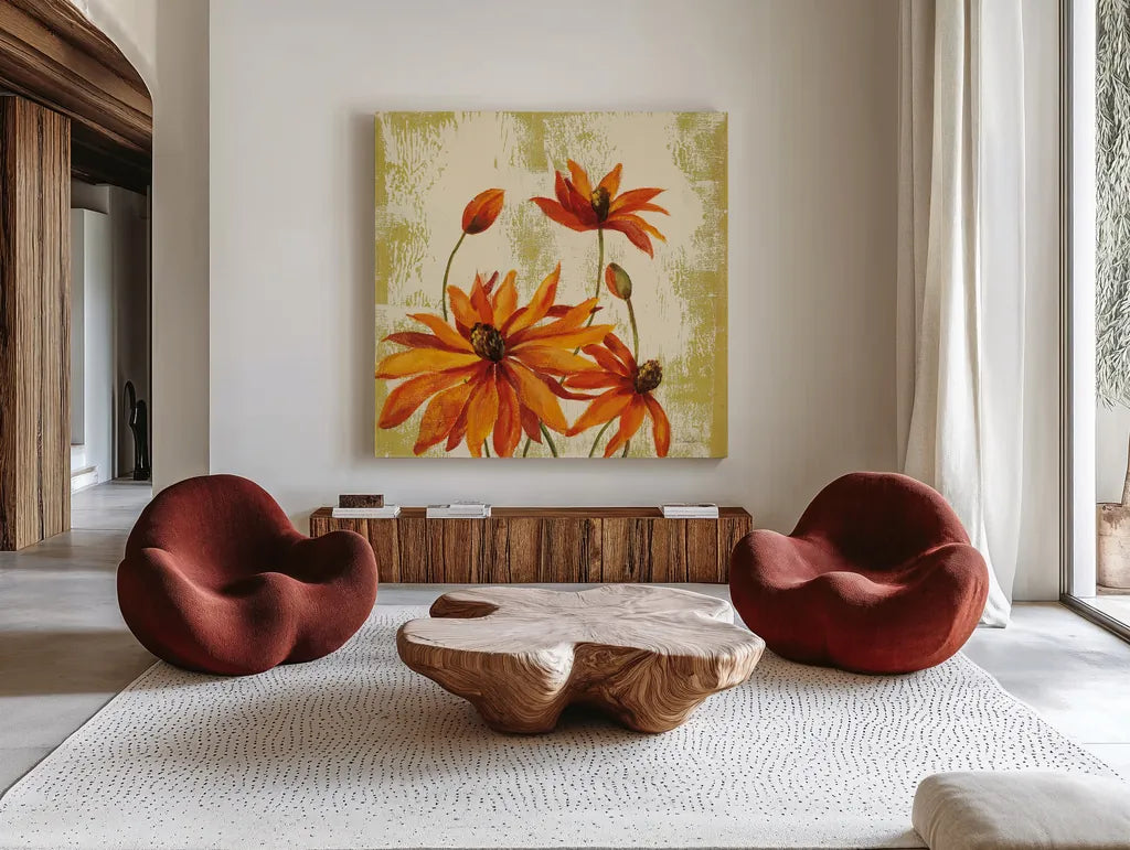 Jewel Flower VI by Silvia Vassileva. Shown as extra-large giant wall art in a modern living room. Available as an archival giclee rolled canvas, fine art paper, or poster print. SKU 61025a.