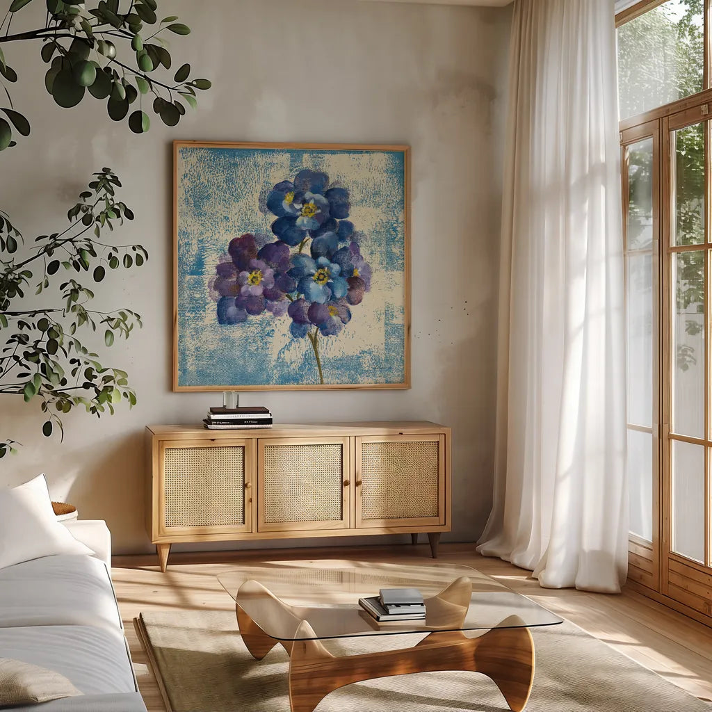 Jewel Flower VII by Silvia Vassileva. Shown in a natural wood frame in a cozy modern living room. Available as an archival giclee rolled canvas, fine art paper, or poster print. SKU 61026a.