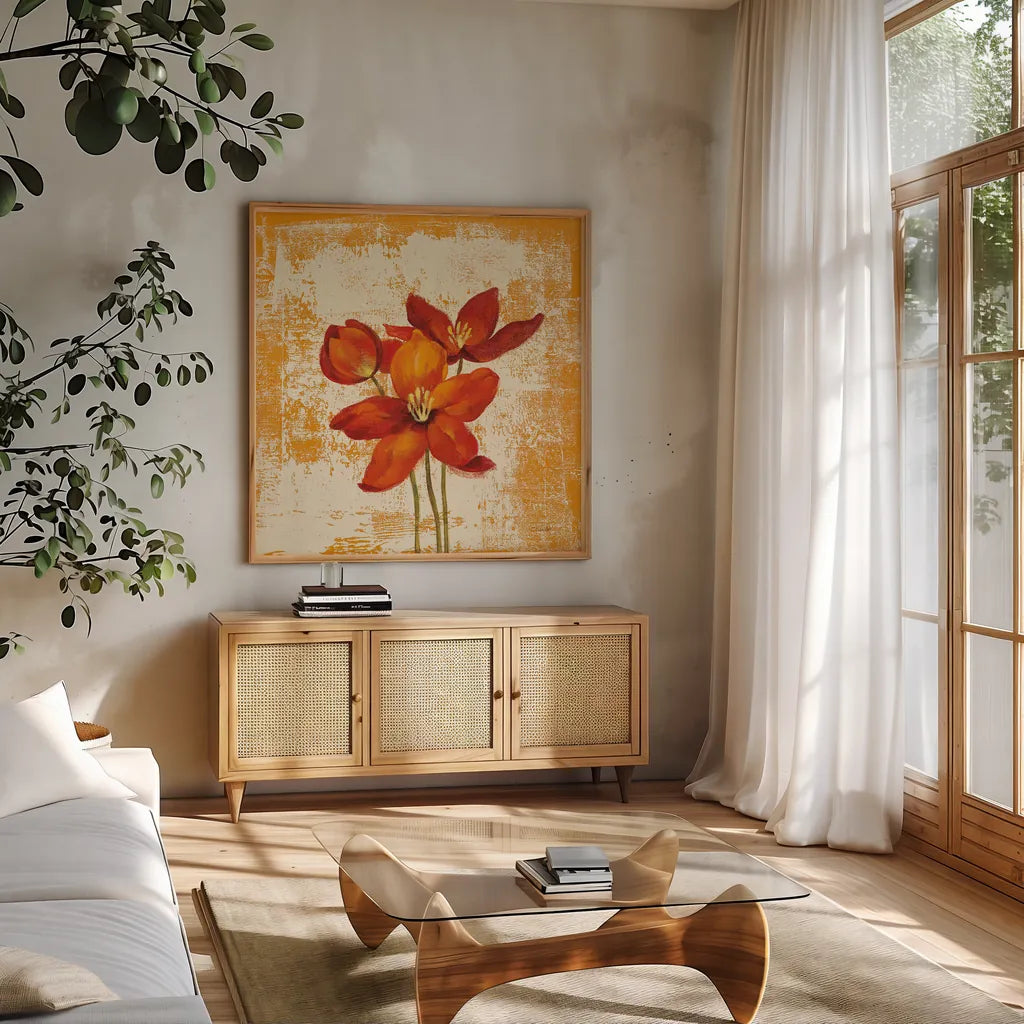 Jewel Flower VIII by Silvia Vassileva. Shown in a natural wood frame in a cozy modern living room. Available as an archival giclee rolled canvas, fine art paper, or poster print. SKU 38338a.