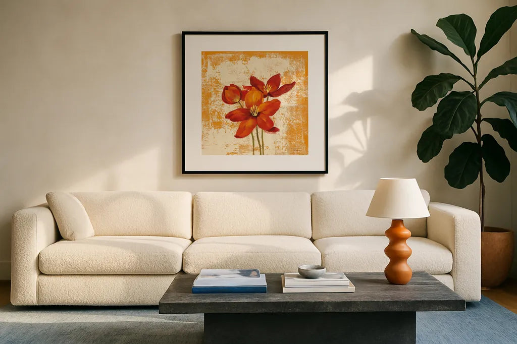 Jewel Flower VIII by Silvia Vassileva. Displayed in a glass frame with matte in a clean modern living room. Available as an archival giclee rolled canvas, fine art paper, or poster print. SKU 38338a.