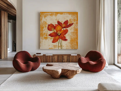 Jewel Flower VIII by Silvia Vassileva. Shown as extra-large giant wall art in a modern living room. Available as an archival giclee rolled canvas, fine art paper, or poster print. SKU 38338a.