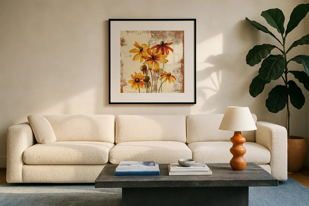 Jewel Flower X by Silvia Vassileva. Displayed in a glass frame with matte in a clean modern living room. Available as an archival giclee rolled canvas, fine art paper, or poster print. SKU 61027a.