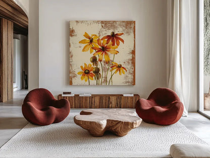 Jewel Flower X by Silvia Vassileva. Shown as extra-large giant wall art in a modern living room. Available as an archival giclee rolled canvas, fine art paper, or poster print. SKU 61027a.