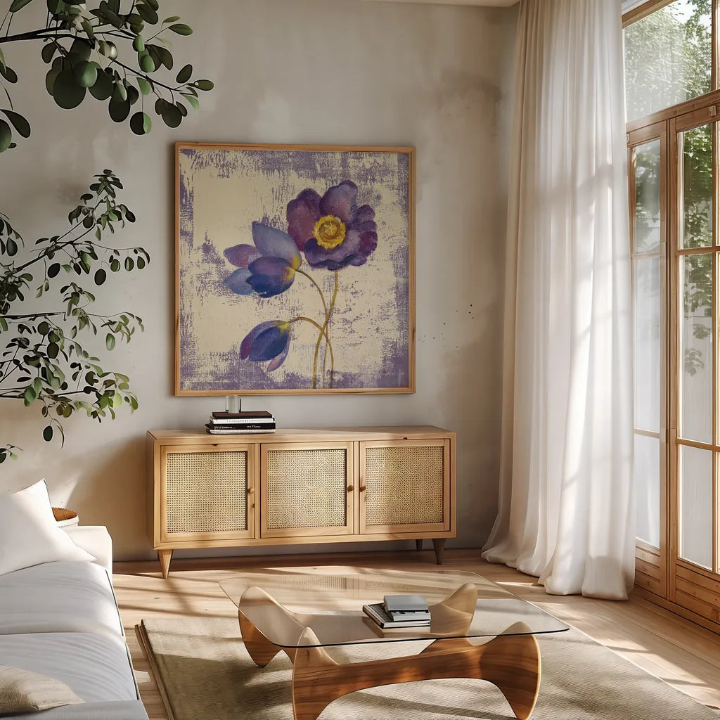 Jewel Flower XI by Silvia Vassileva. Shown in a natural wood frame in a cozy modern living room. Available as an archival giclee rolled canvas, fine art paper, or poster print. SKU 61028a.