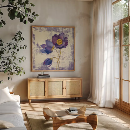 Jewel Flower XI by Silvia Vassileva. Shown in a natural wood frame in a cozy modern living room. Available as an archival giclee rolled canvas, fine art paper, or poster print. SKU 61028a.