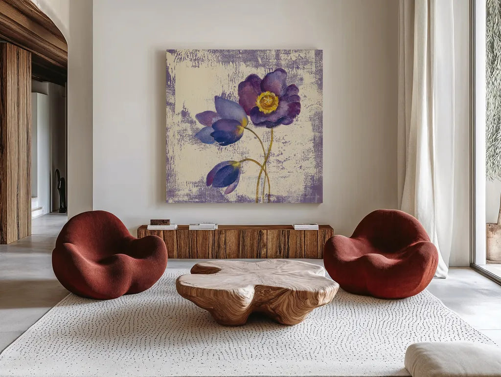 Jewel Flower XI by Silvia Vassileva. Shown as extra-large giant wall art in a modern living room. Available as an archival giclee rolled canvas, fine art paper, or poster print. SKU 61028a.