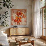 Jewel Flower XII by Silvia Vassileva. Shown in a natural wood frame in a cozy modern living room. Available as an archival giclee rolled canvas, fine art paper, or poster print. SKU 61029a.