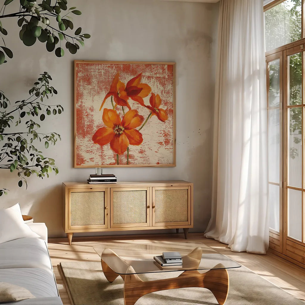 Jewel Flower XII by Silvia Vassileva. Shown in a natural wood frame in a cozy modern living room. Available as an archival giclee rolled canvas, fine art paper, or poster print. SKU 61029a.