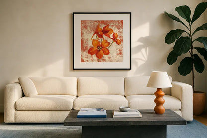 Jewel Flower XII by Silvia Vassileva. Displayed in a glass frame with matte in a clean modern living room. Available as an archival giclee rolled canvas, fine art paper, or poster print. SKU 61029a.