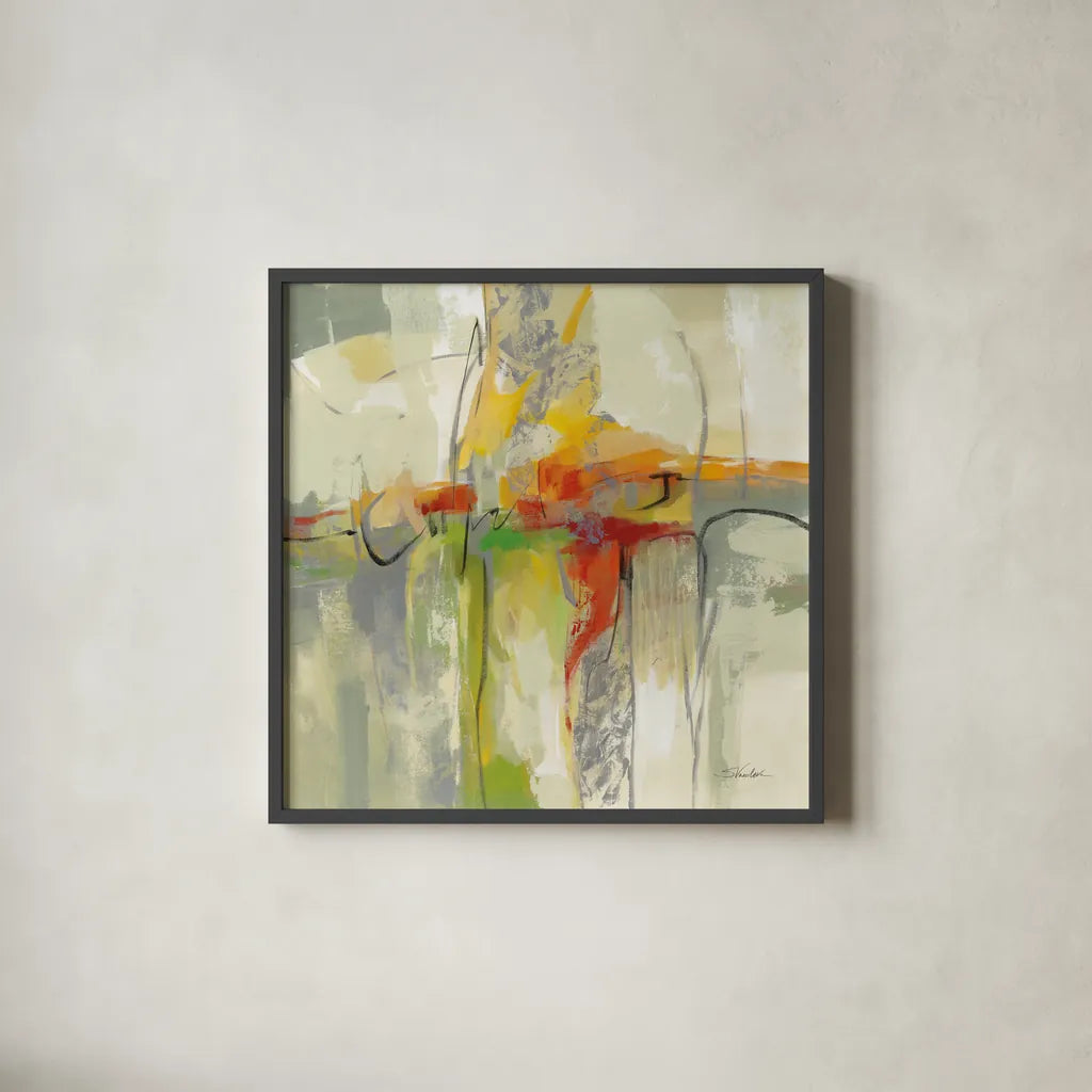 Joyful Tune by Silvia Vassileva. Shown in a sleek black glass frame for a contemporary gallery look. Available as an archival giclee rolled canvas, fine art paper, or poster print. SKU 77869a.