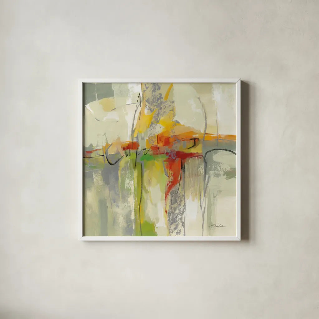 Joyful Tune by Silvia Vassileva. Shown in a crisp white glass frame for a clean and minimalist style. Available as an archival giclee rolled canvas, fine art paper, or poster print. SKU 77869a.