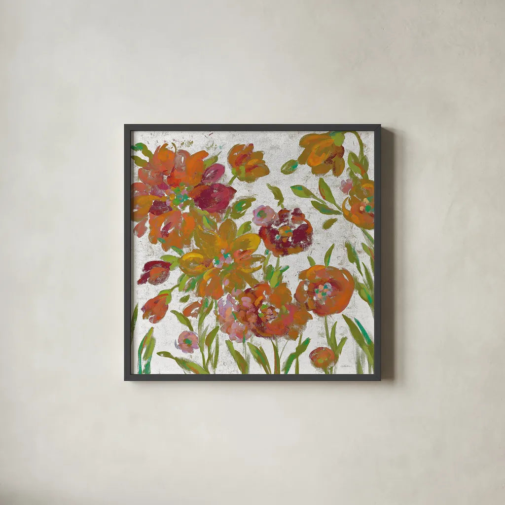 July Garden Trio III on White by Silvia Vassileva. Shown in a sleek black glass frame for a contemporary gallery look. Available as an archival giclee rolled canvas, fine art paper, or poster print. SKU 26413a.